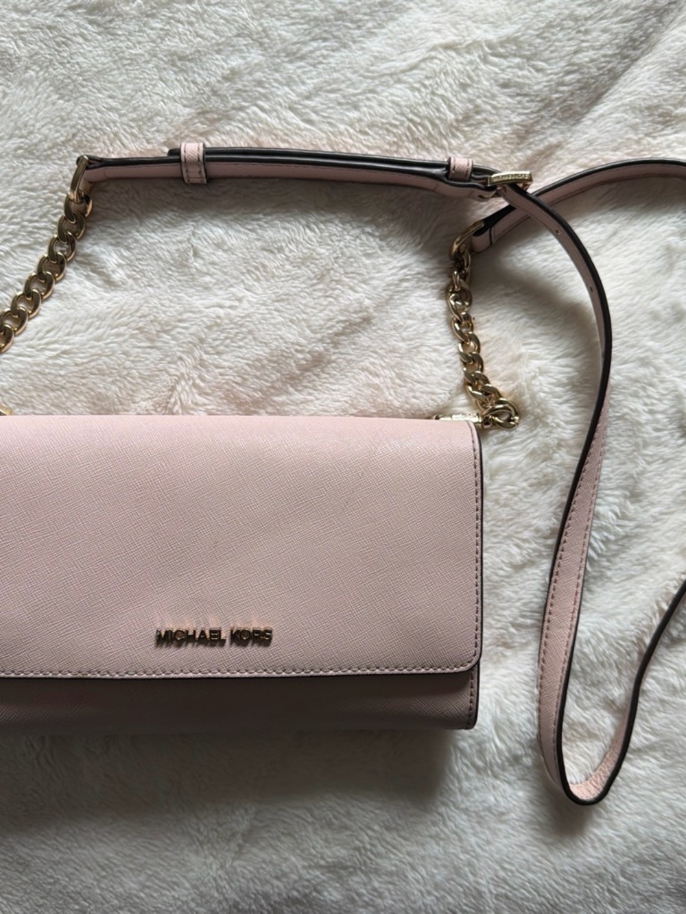Michael Kors Light Pink Saffiano Leather Crossbody with Gold Chain